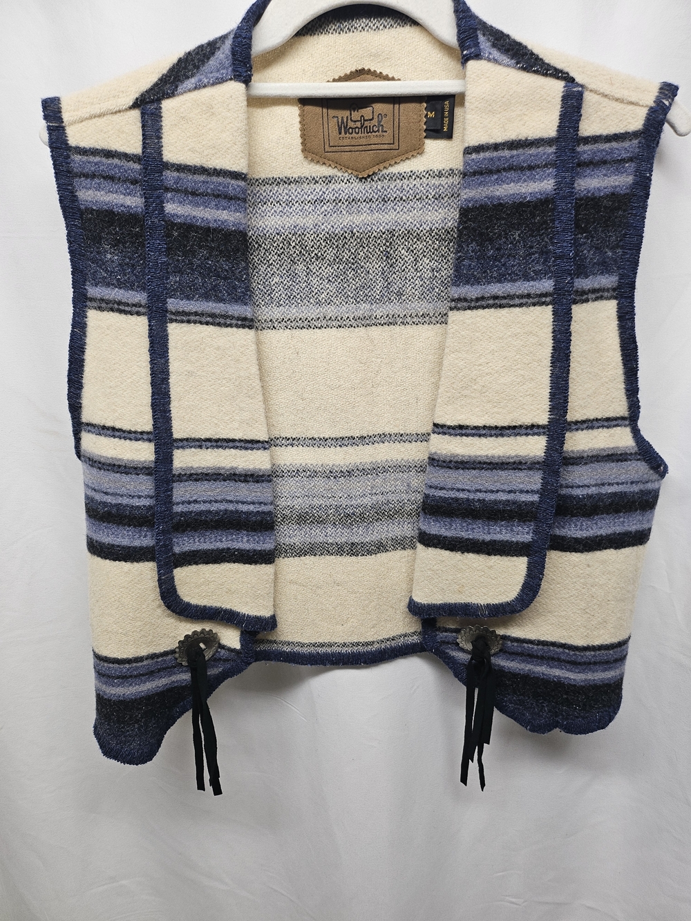 Woolrich Cream and Blue Striped Shawl-Collar Wool Vest